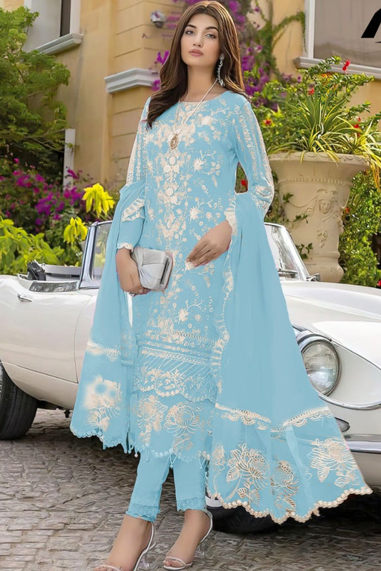 Azure 3PC Embroidered Lawn Suit - unstitch