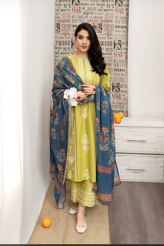 Asling Lawn 3PC Embroided With Voil Diamond Dupatta