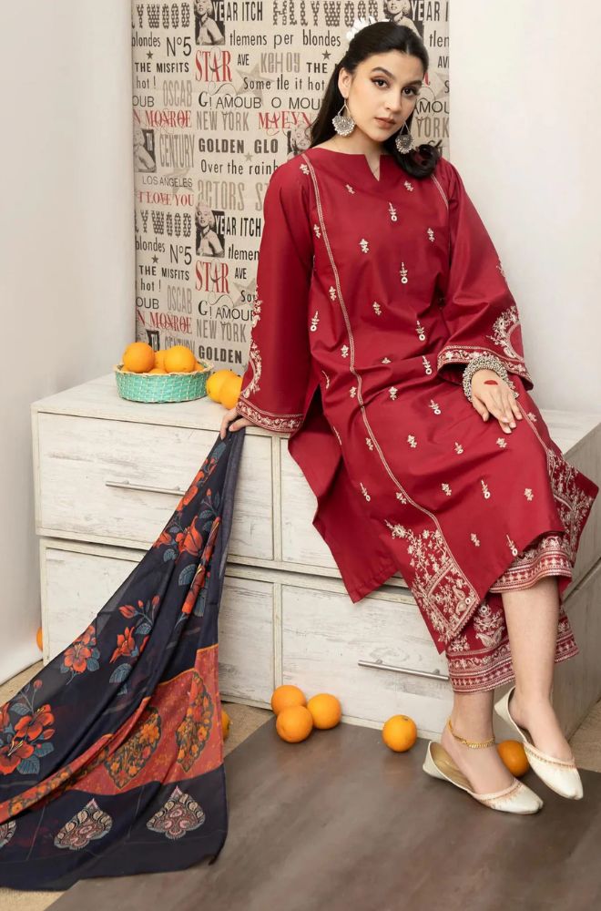 Asling 3 Pcs LAWN EMBROIDERY DRESS With Diamond Dupatta