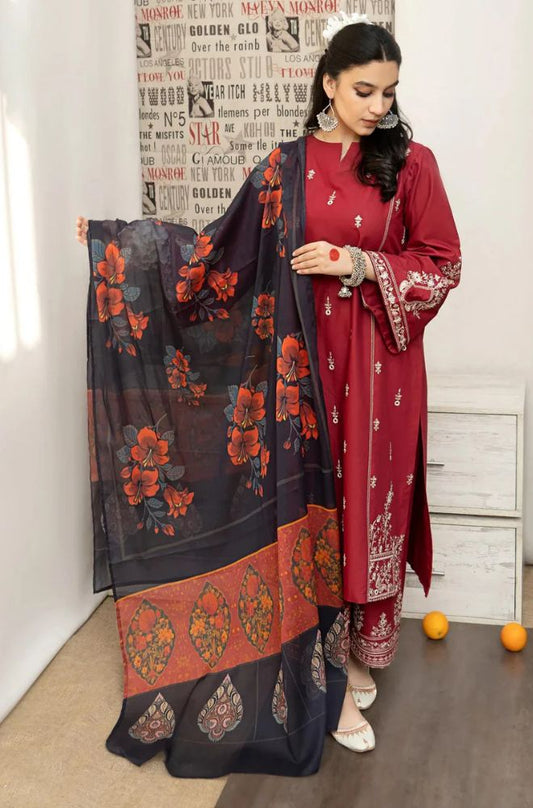 Asling 3 Pcs LAWN EMBROIDERY DRESS With Diamond Dupatta