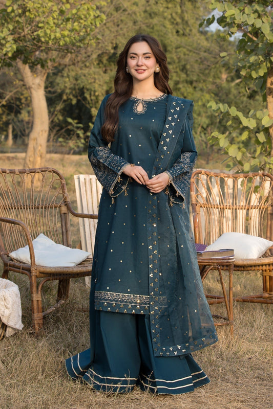 QALAMKAR Lawn 3PC Embroidered With Organza Embroidery Dupatta